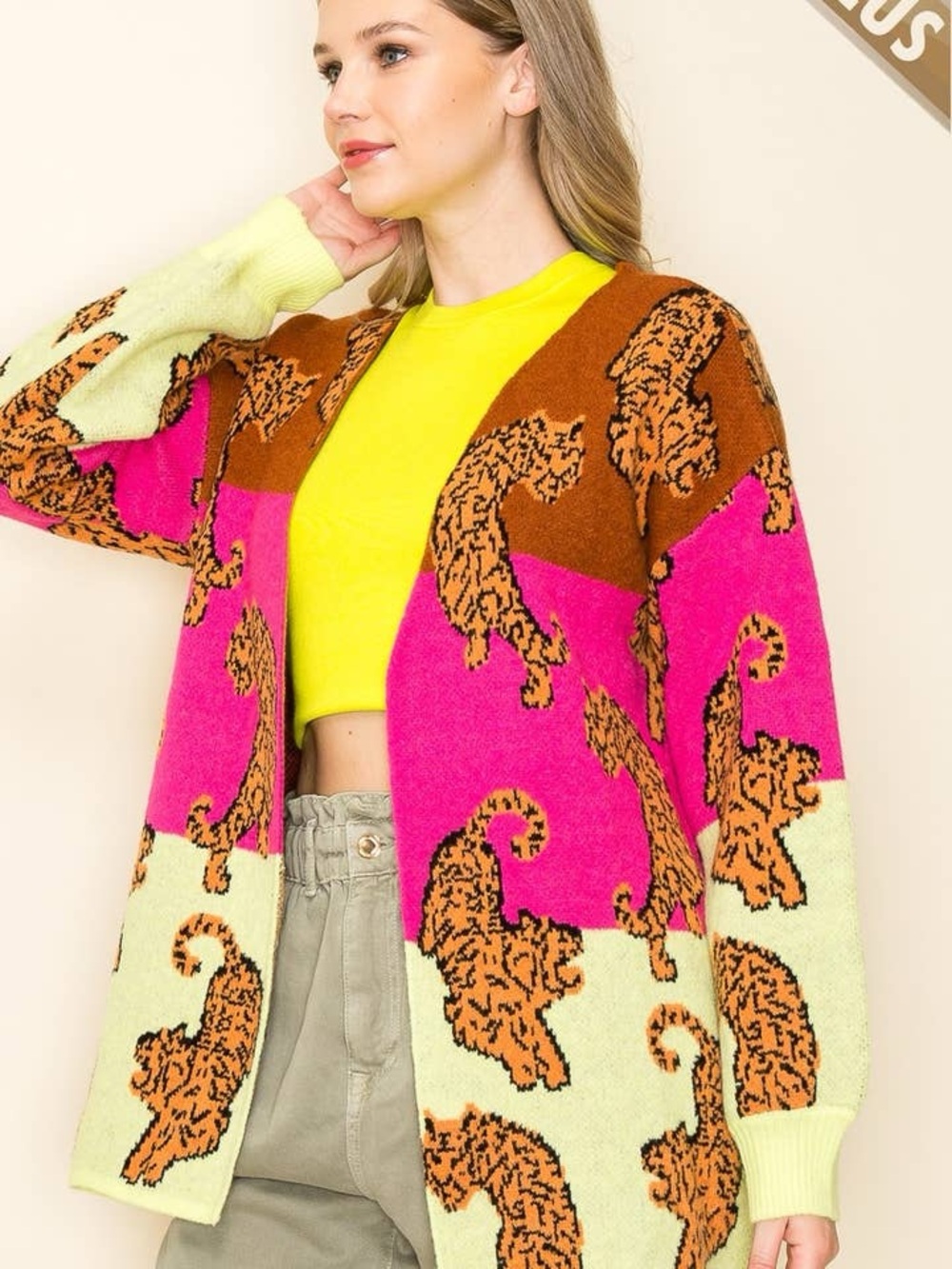 New Open-Front Tiger Print Cardigan in Pink and Brown size 1X